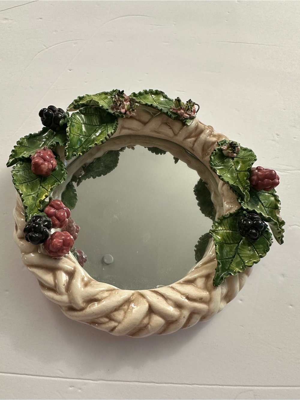 Decorative Cottagecore Ceramic Berry Wreath Wall Mirror - Green and Cream